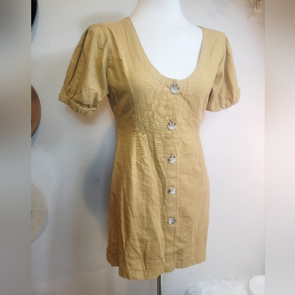 GILLIA 100% LINEN BUTTON UP ROUND NECK SHORT SLEEVES MUSTARD MINIDRESS SZ SMALL - Picture 12 of 16